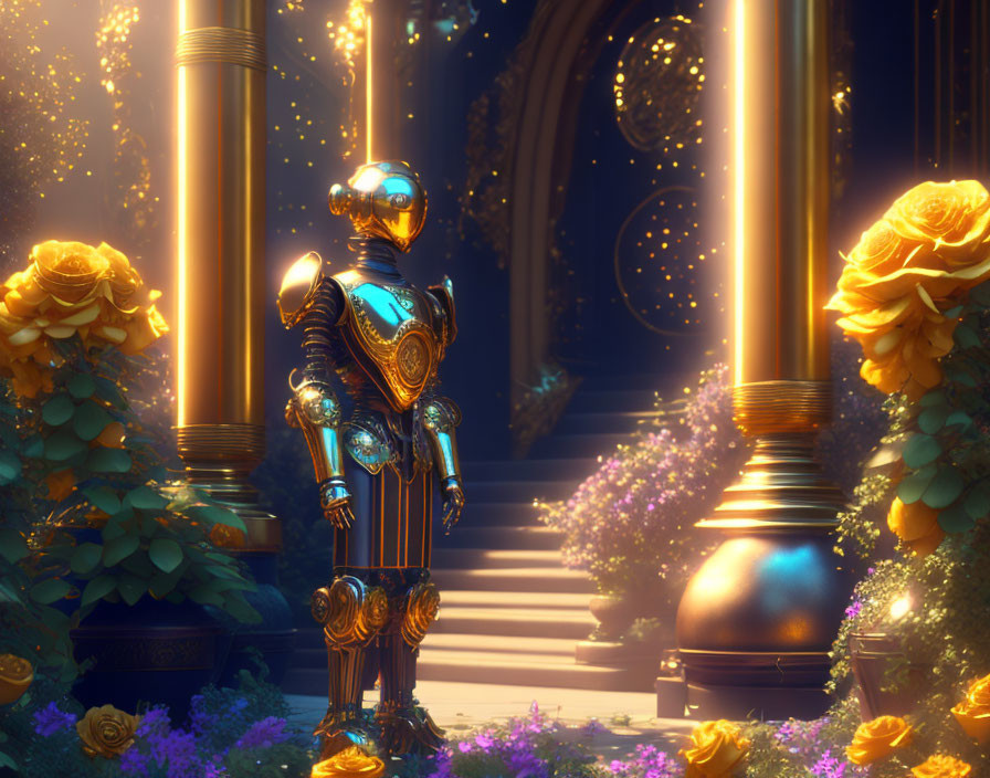 Futuristic robot in elegant garden with gold accents and oversized roses