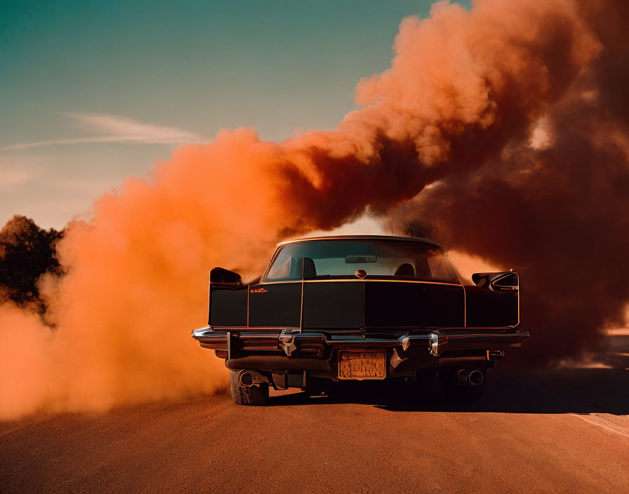 Vintage Black Car Emitting Large Orange Smoke on Empty Road