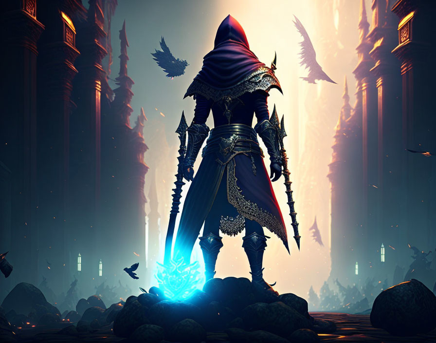 Hooded figure with glowing blue sword in mystical ruins