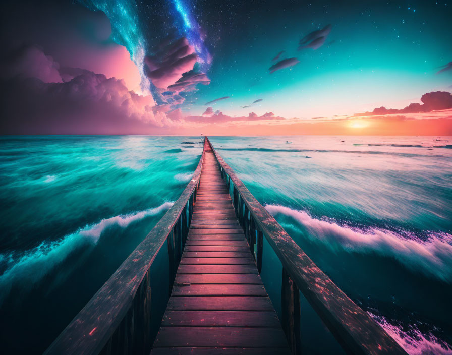 Colorful Sunset Sky Over Teal Ocean Pier