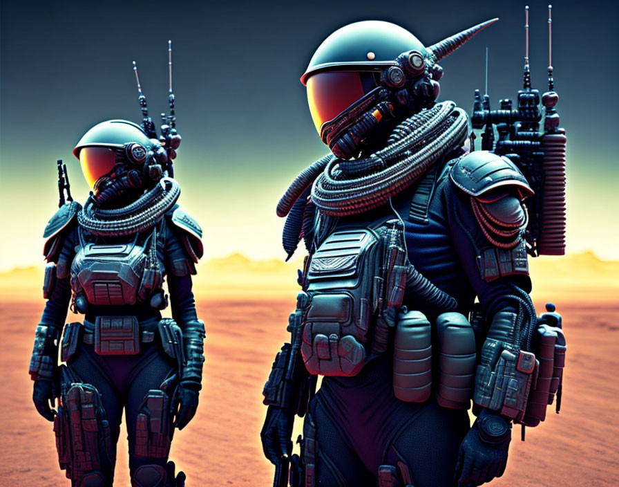 Detailed futuristic robots in desert landscape with red sky.