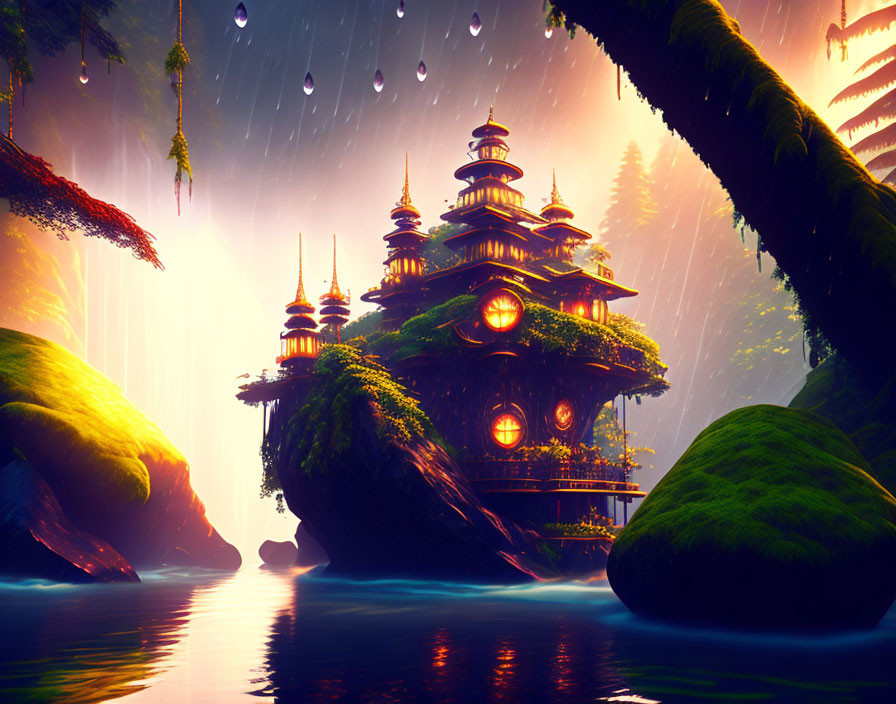 Pagoda-style building in lush riverside setting at sunset with raindrops