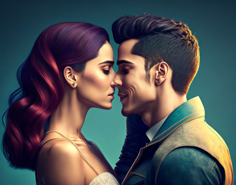 Stylized couple digital artwork with vibrant hair colors against teal background