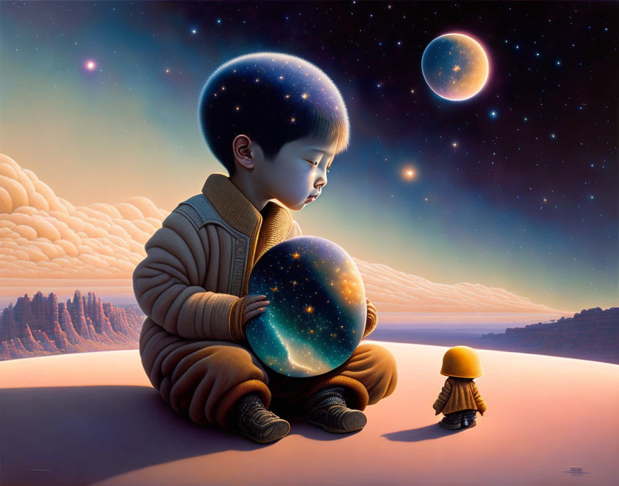 Child with star-filled orb in celestial landscape with planets and tiny figure