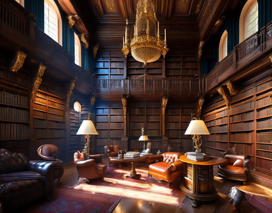 Luxurious Wooden Library with Towering Bookshelves & Elegant Decor