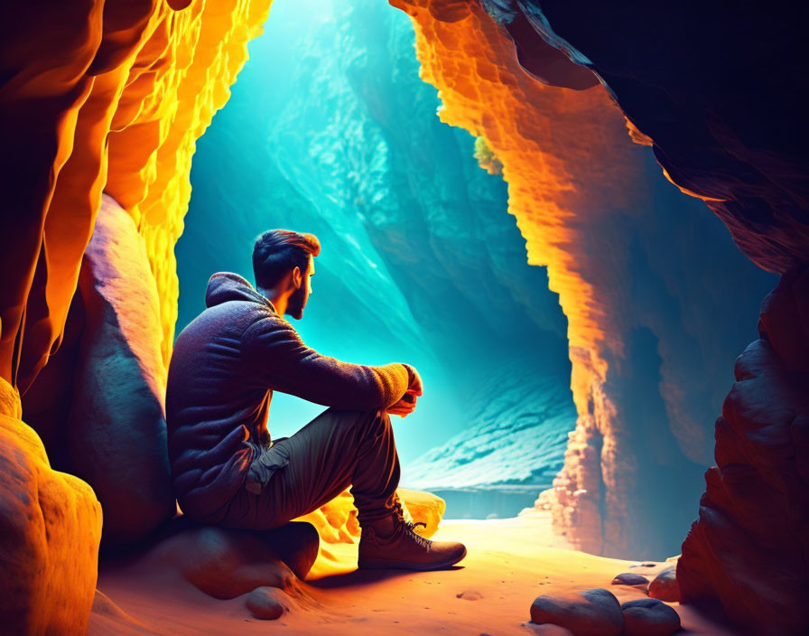 Person Contemplating at Entrance of Vibrant Cave