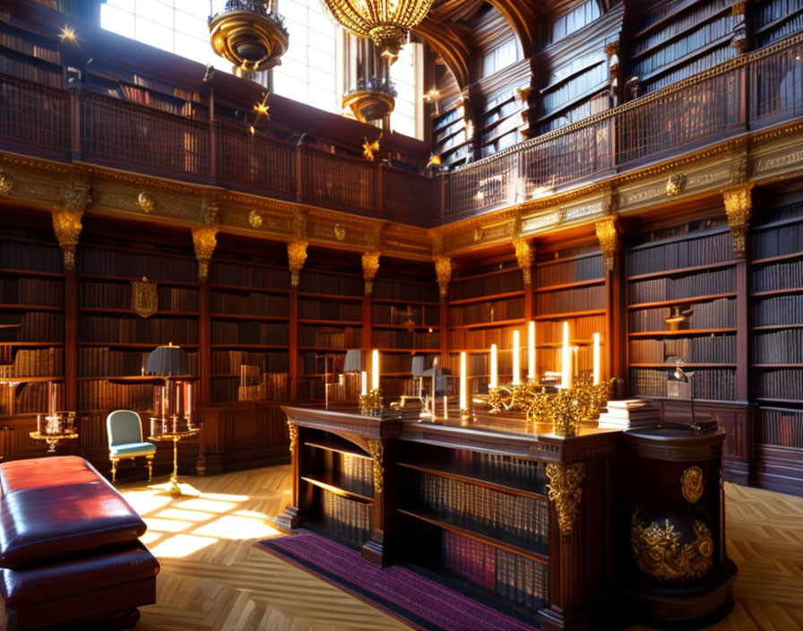 Traditional Library with Dark Wood Bookshelves and Sunlit Windows