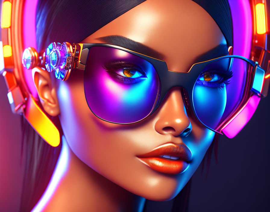 Vibrant digital artwork: Woman with neon headphones and iridescent sunglasses