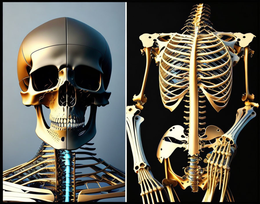 Intricately Designed Golden Skeleton and Skull on Black Background