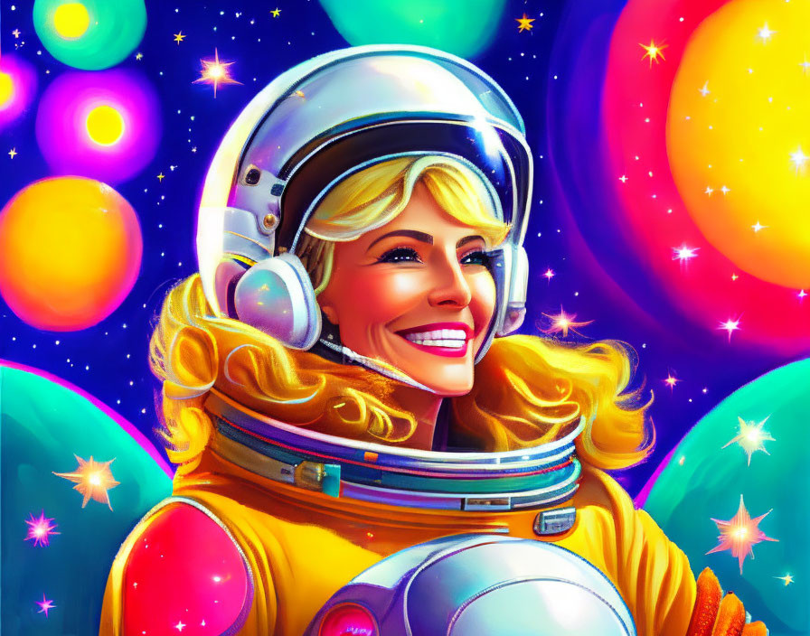 Colorful Smiling Astronaut with Helmet on Bright Planets Background