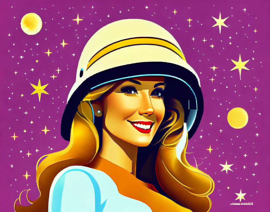 Blond woman in retro space helmet on purple background