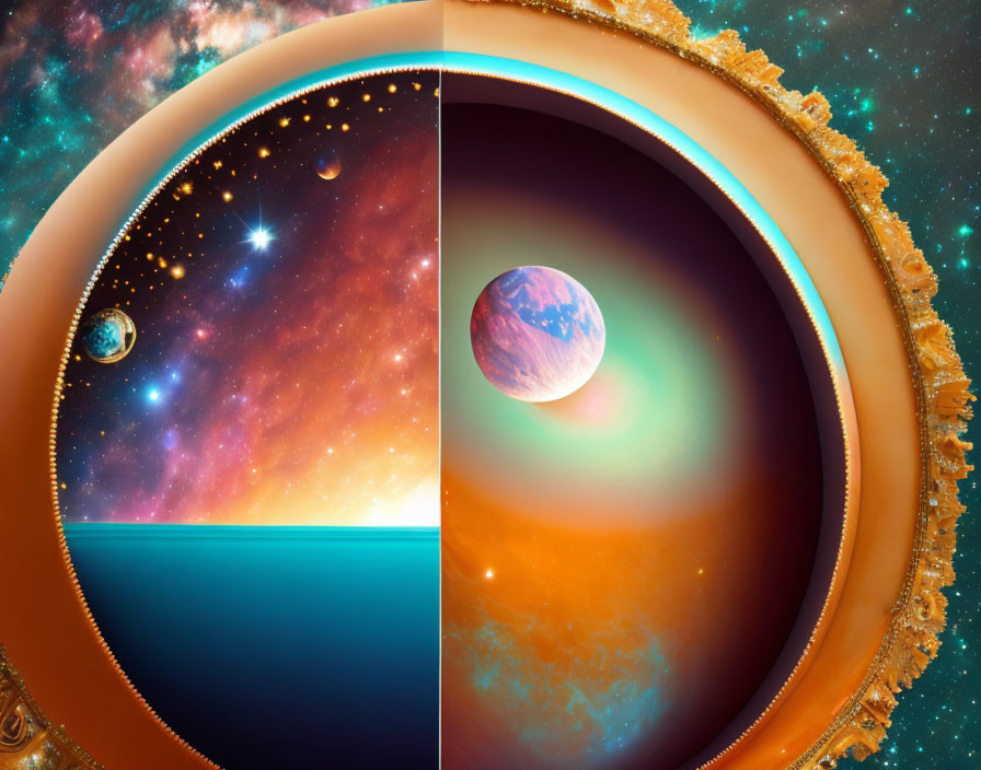 Cosmic surreal image with stars and planet in circular frame.