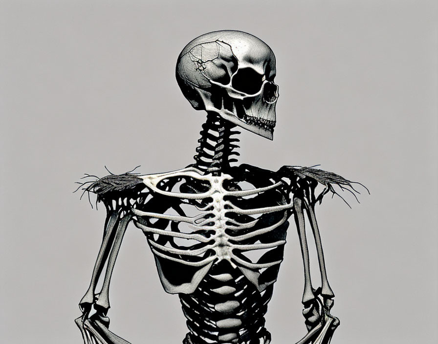 Human skull with cracks on skeletal figure against gray backdrop with feathery tufts