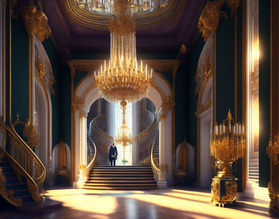 Luxurious Interior with Grand Staircase and Silhouetted Figures