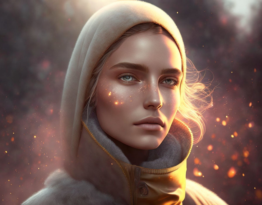 Digital portrait: Woman with glowing freckles, blue eyes, hooded cloak, dreamy fiery