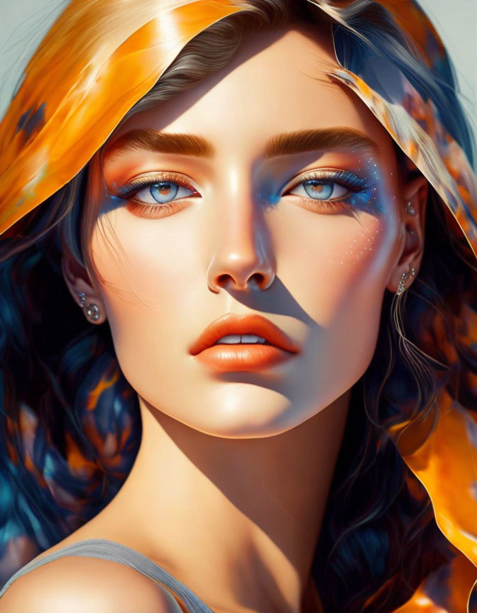 Vibrant digital portrait of a woman with blue eyes and colorful makeup