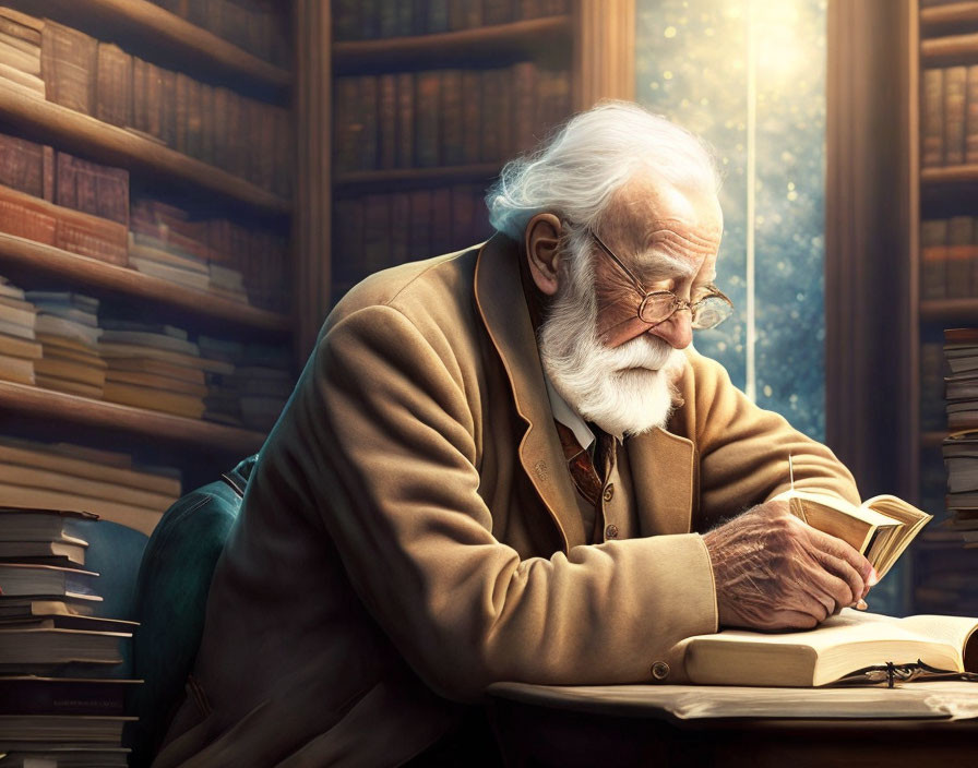 Elderly man with white beard reading book in cozy library setting