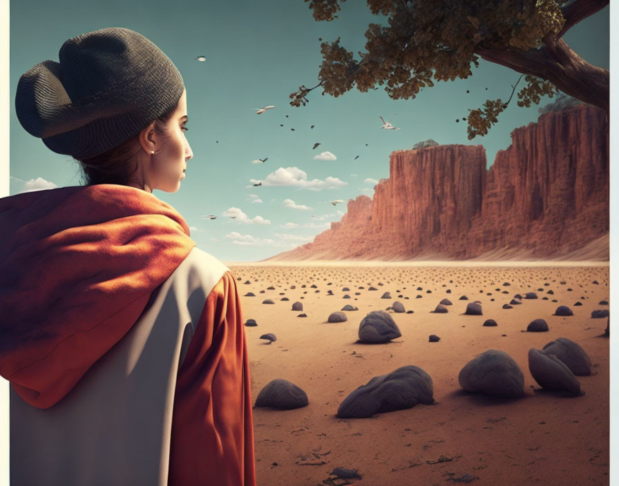 Person in beret and cape gazes at desert cliffs, lone tree, and birds.