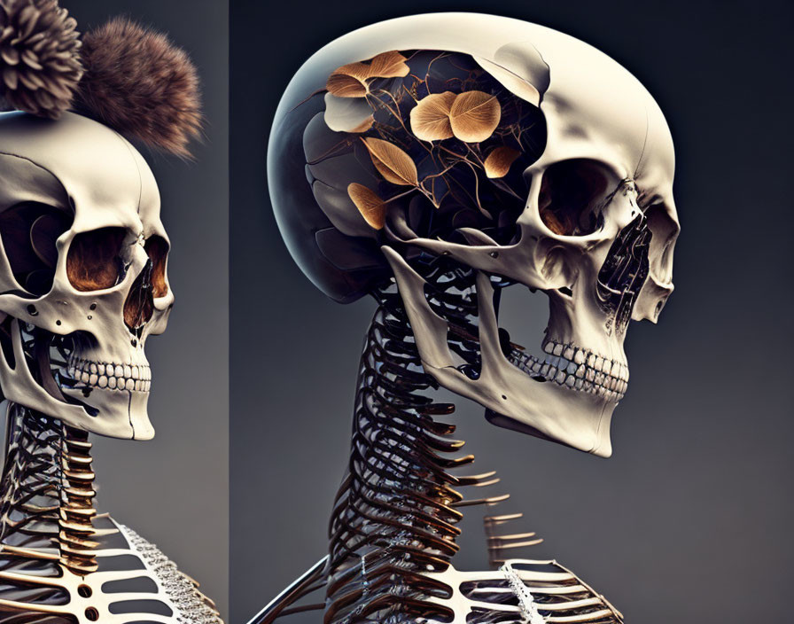 Artistic skeletal figures with spring necks and foliage-filled skull on dark background.