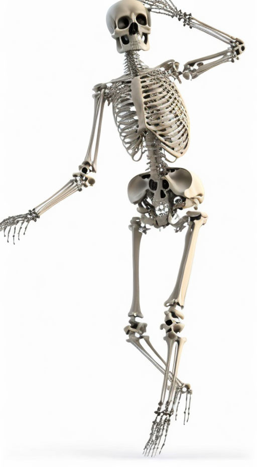 Human Skeleton 3D Rendering Upright with Tilt on White Background