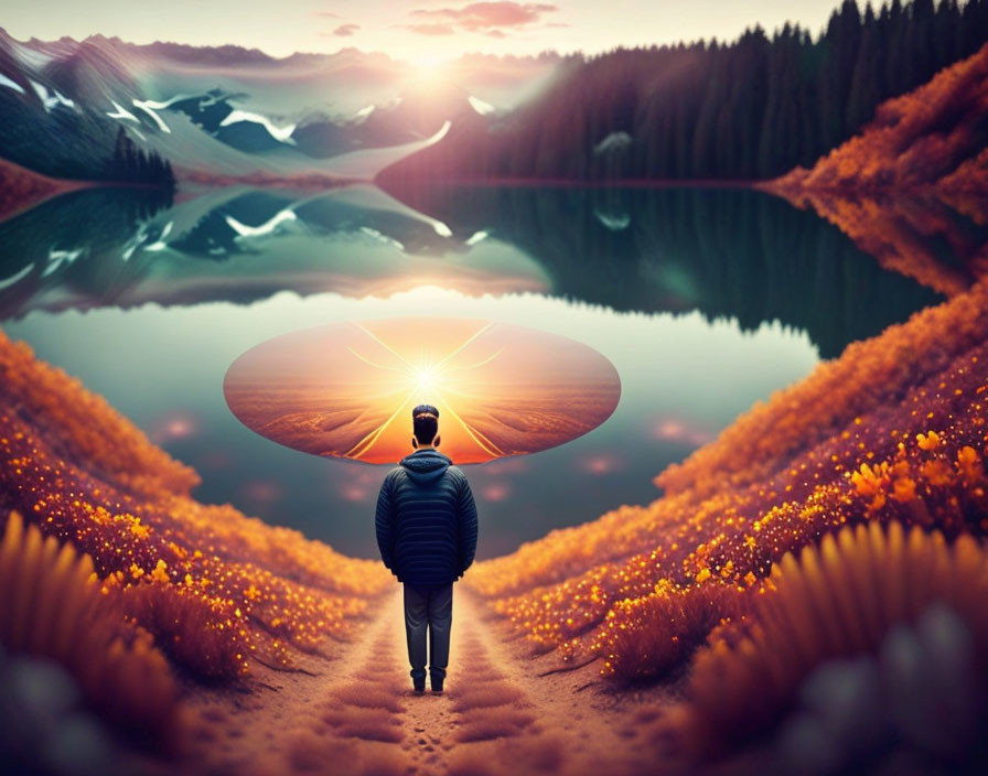 Person standing before surreal portal overlooking scenic lake and mountains at sunset