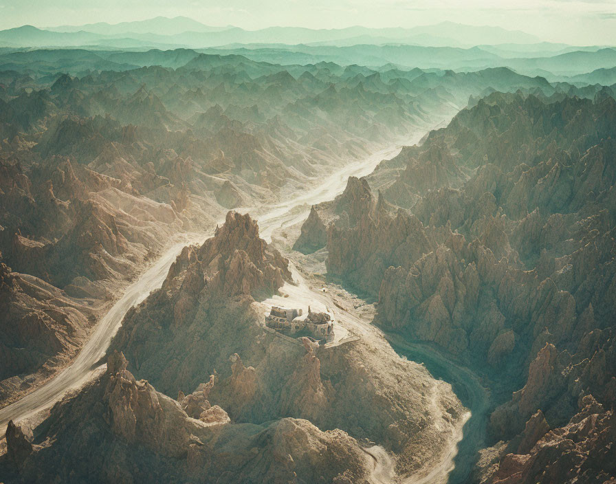 Arid landscape with winding road and mountain settlement