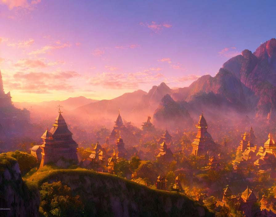 Fantasy landscape: Sunrise golden light, misty mountains, ornate temples.