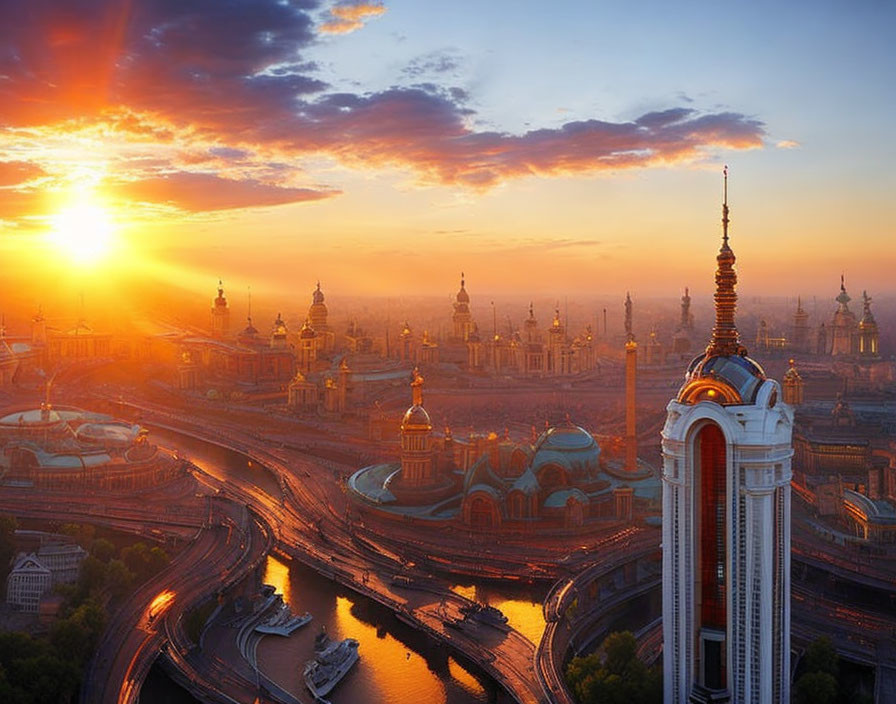 Cityscape at Sunrise: River, Historic Domes, Skyscrapers, Busy Roads