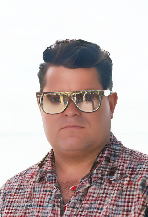 Stylish man in gold sunglasses and plaid shirt on bright backdrop