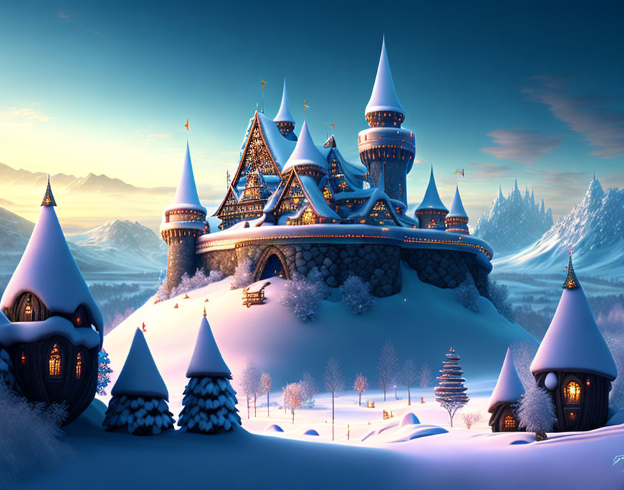 Snow-covered castle in twilight winter landscape with turreted spires and snow-laden surroundings