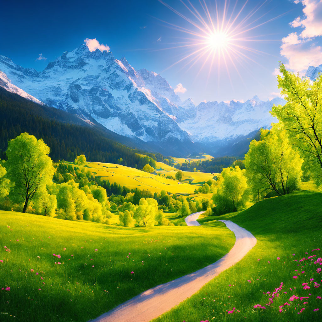 Scenic landscape with winding path, green fields, blooming flowers, trees, snowy mountains, and