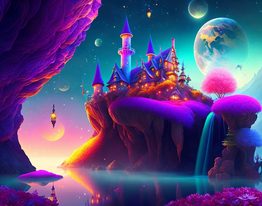 Vibrant castle on cliff in fantastical moonlit landscape