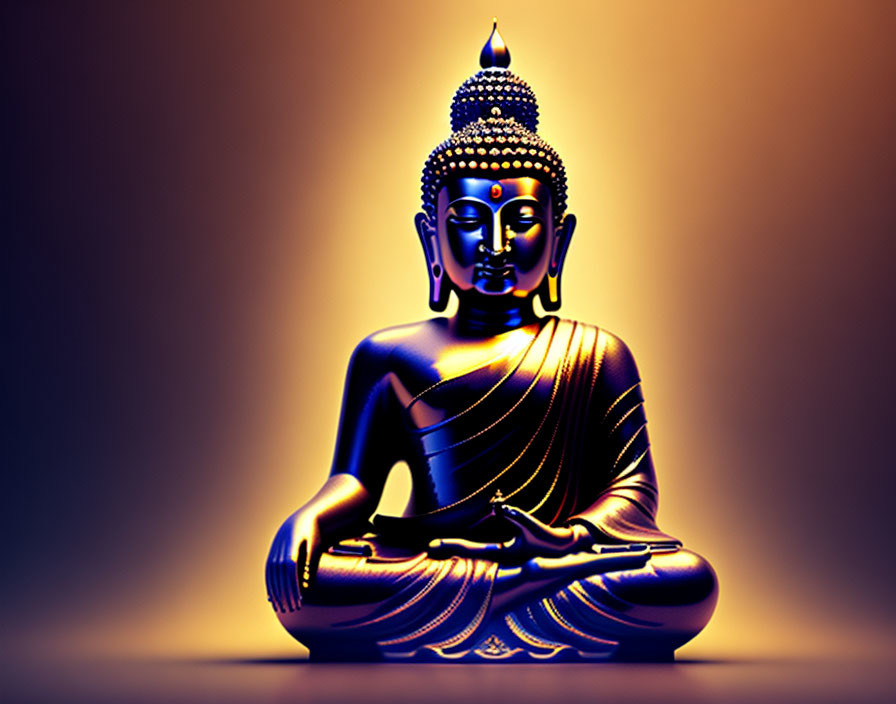 Meditating Buddha statue with blue aura on amber background