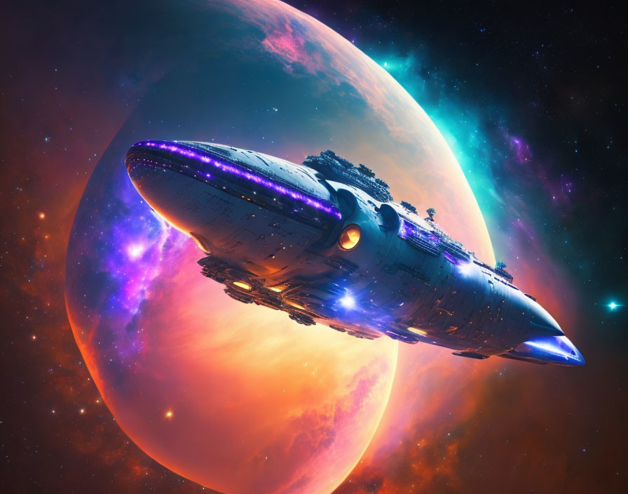 Futuristic spaceship in vibrant sci-fi scene with glowing planet