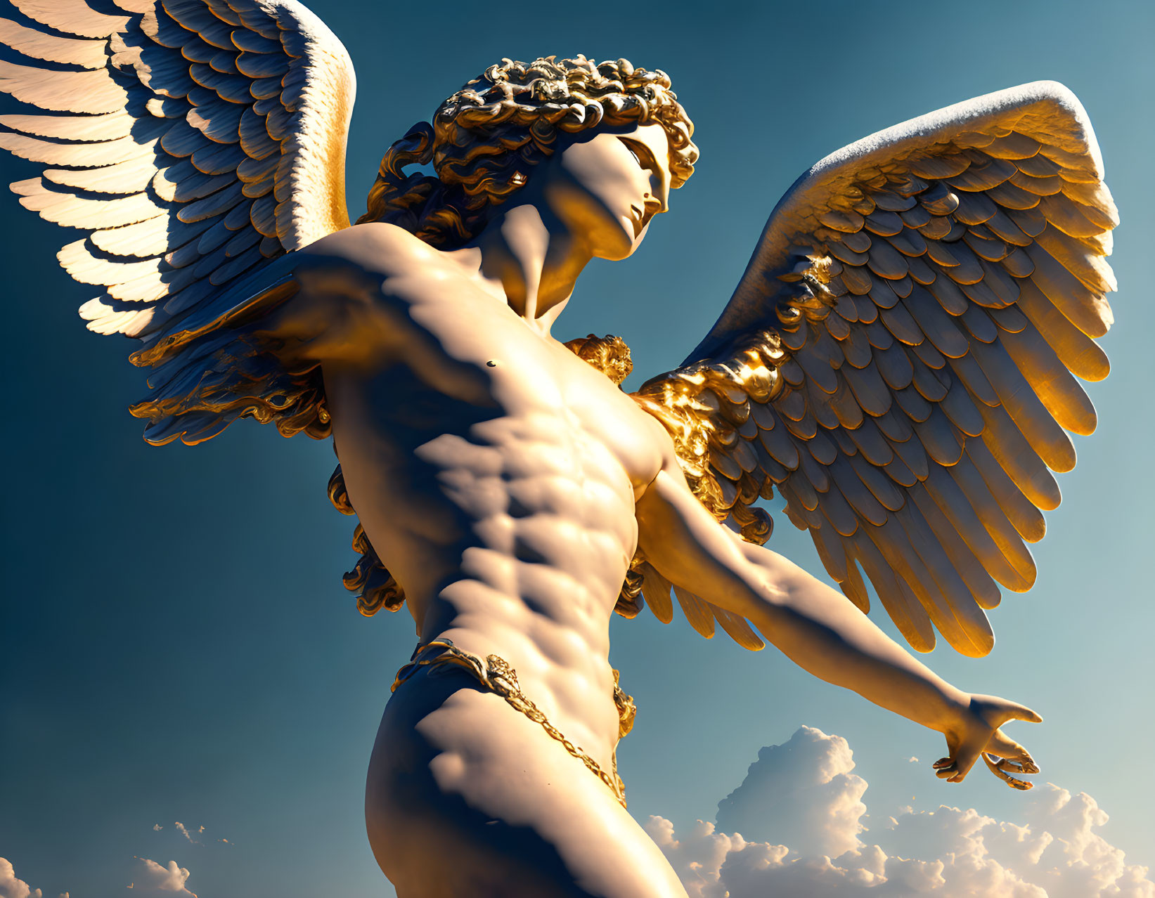 Golden angel statue with expansive wings in 3D rendering