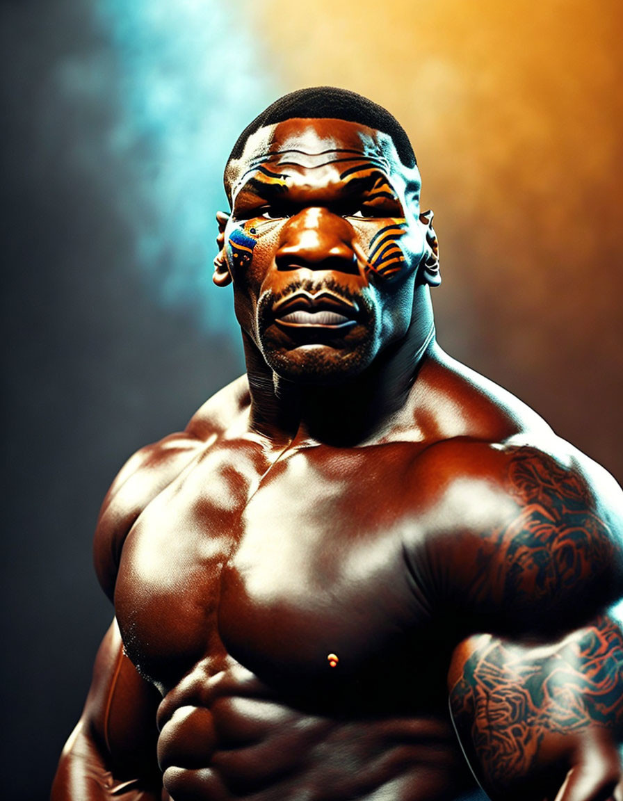 Muscular Figure in Tribal Face Paint and Tattoos on Blue and Orange Smoke Background