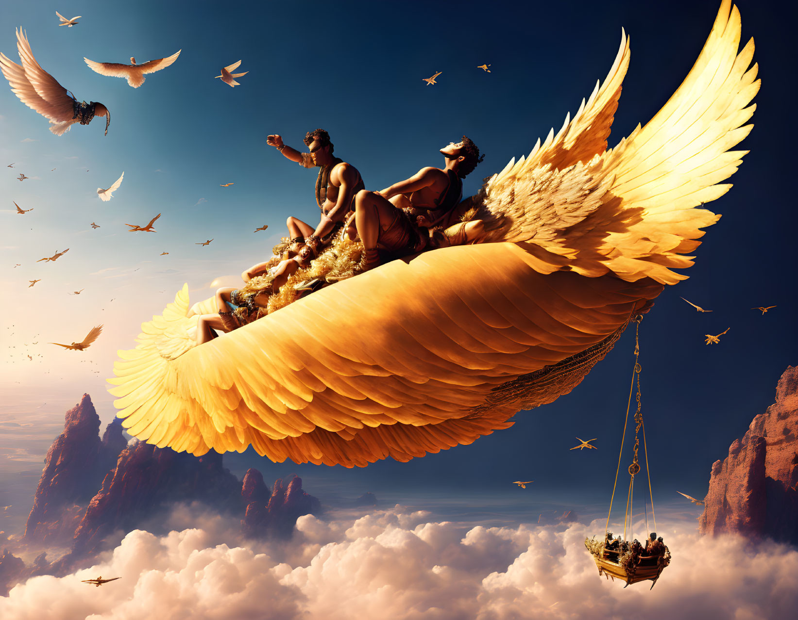 Mythological figures with large wings flying above clouds and birds, with a suspended ship and rock formation