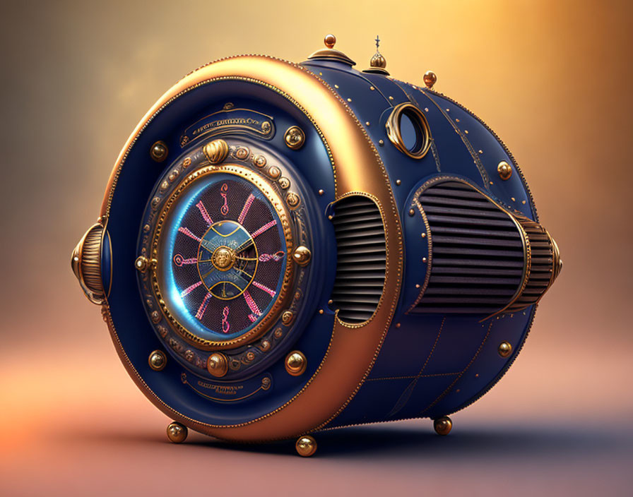 Intricate Steampunk-Style Submarine with Brass Piping and Colorful Lights