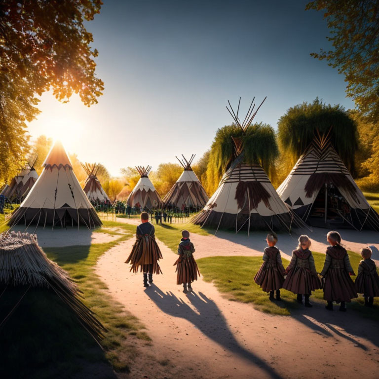 Children in traditional clothing walking to teepees at sunset