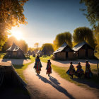 Children in traditional clothing walking to teepees at sunset