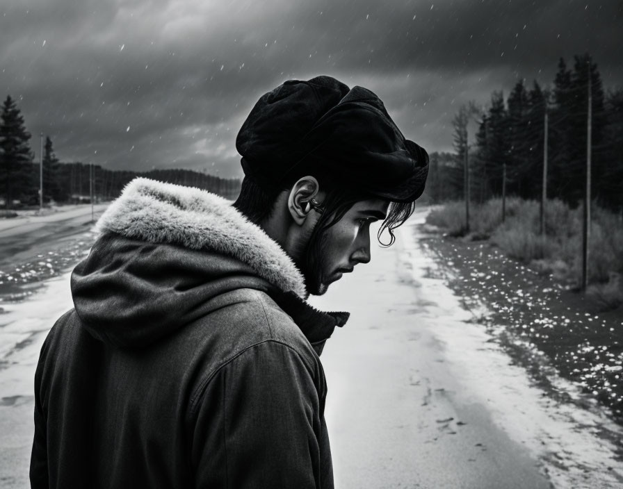 Person in beret and coat on rainy road with trees and gloomy sky