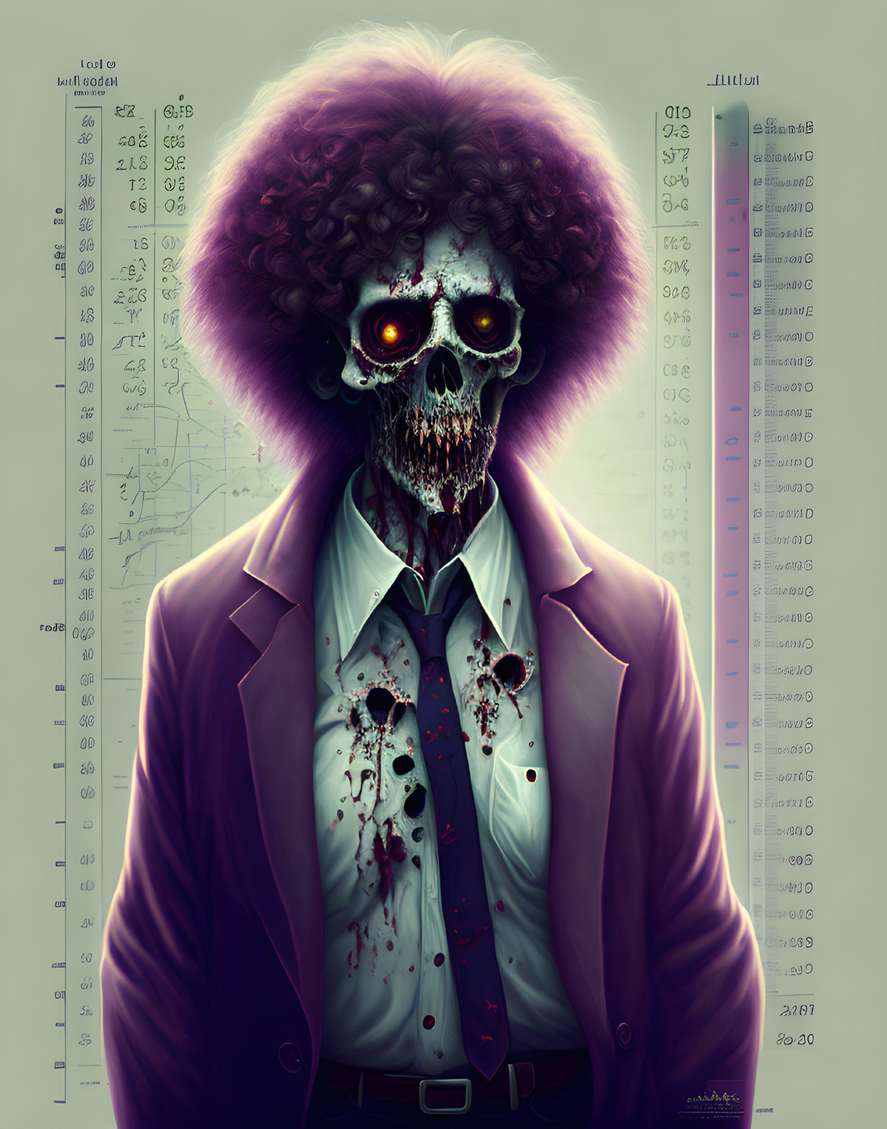 Stylized skeleton with purple afro in blood-splattered suit, surrounded by mathematical equations