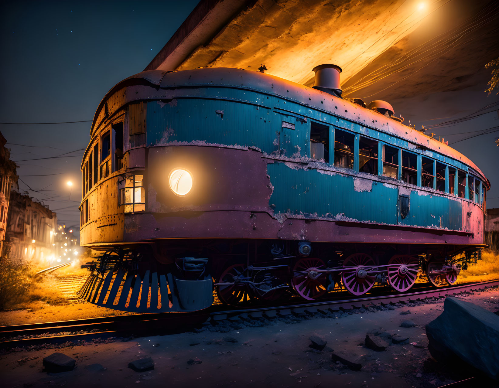 Rusted blue tram illuminated by streetlights at night