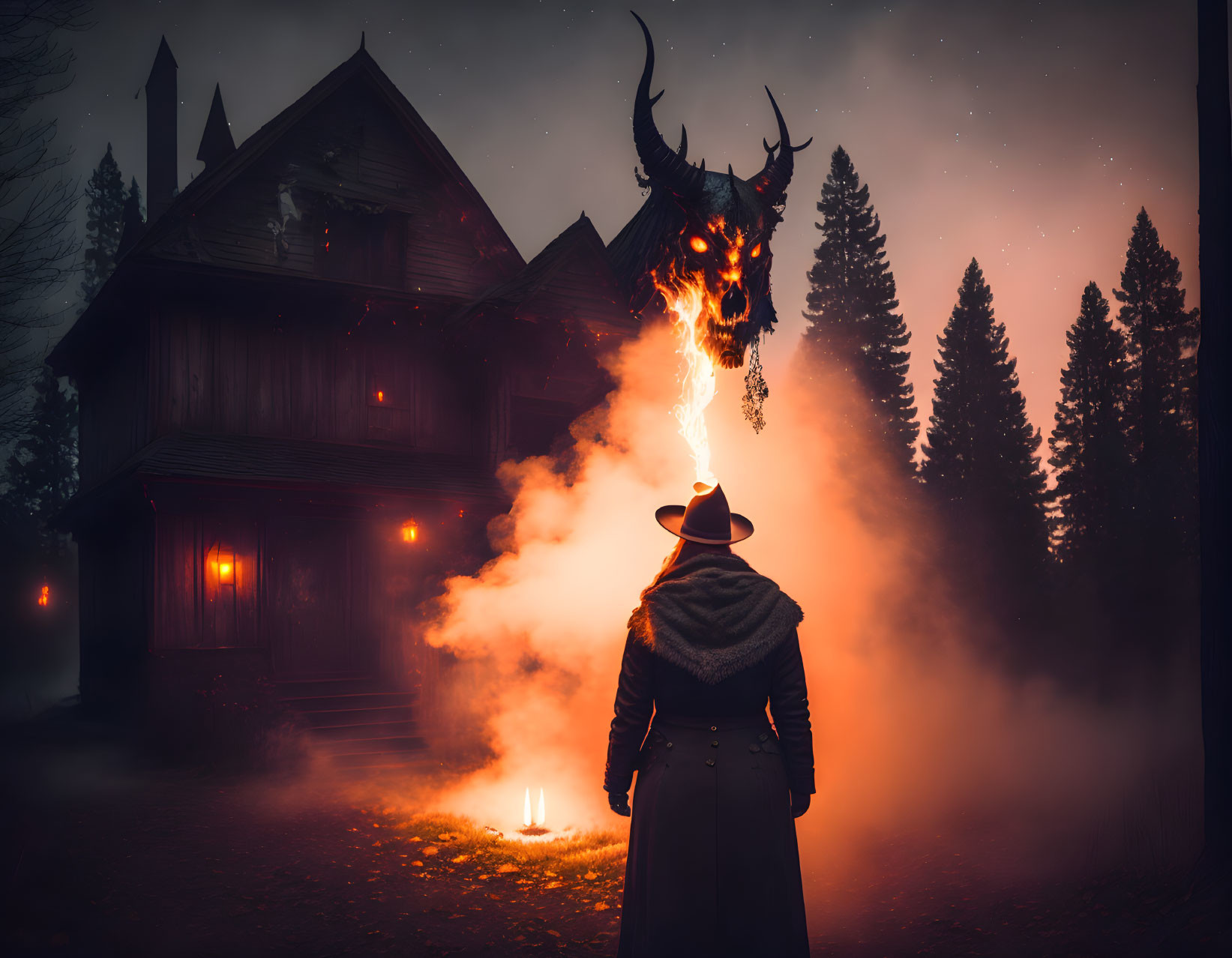 Person in hat and coat at spooky house with glowing orange window