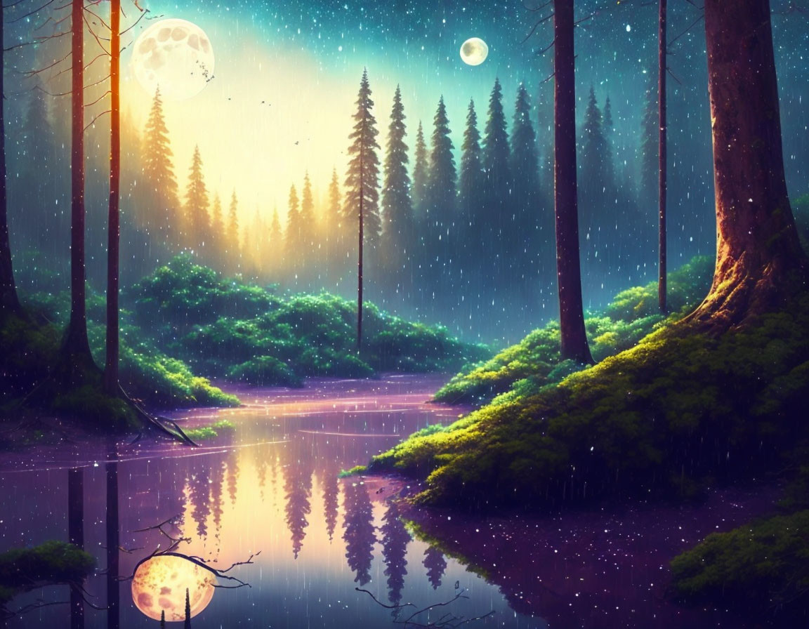 Twilight forest scene with two moons reflecting in tranquil pond