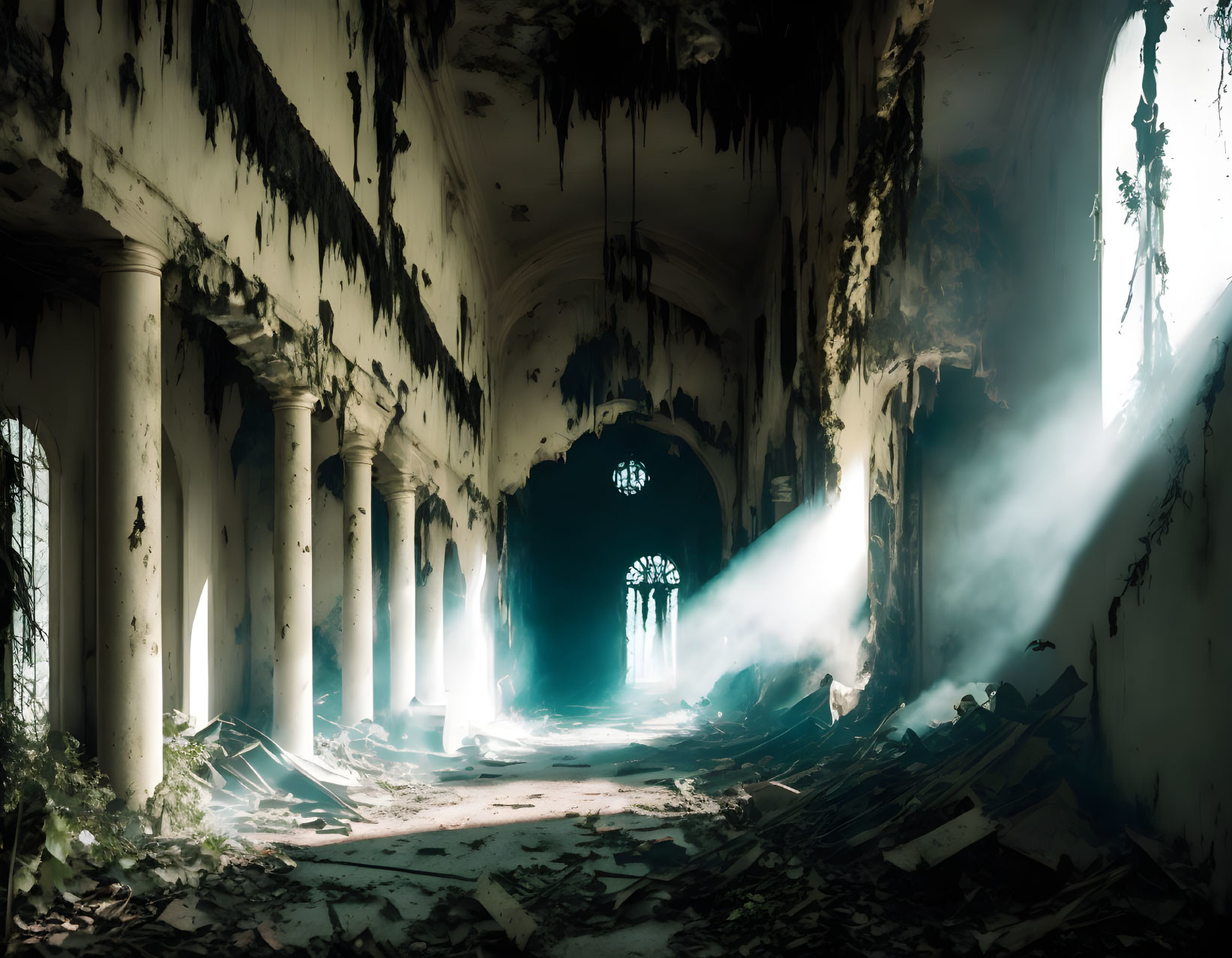 Abandoned hall with overgrown columns and sunlight creating mystery