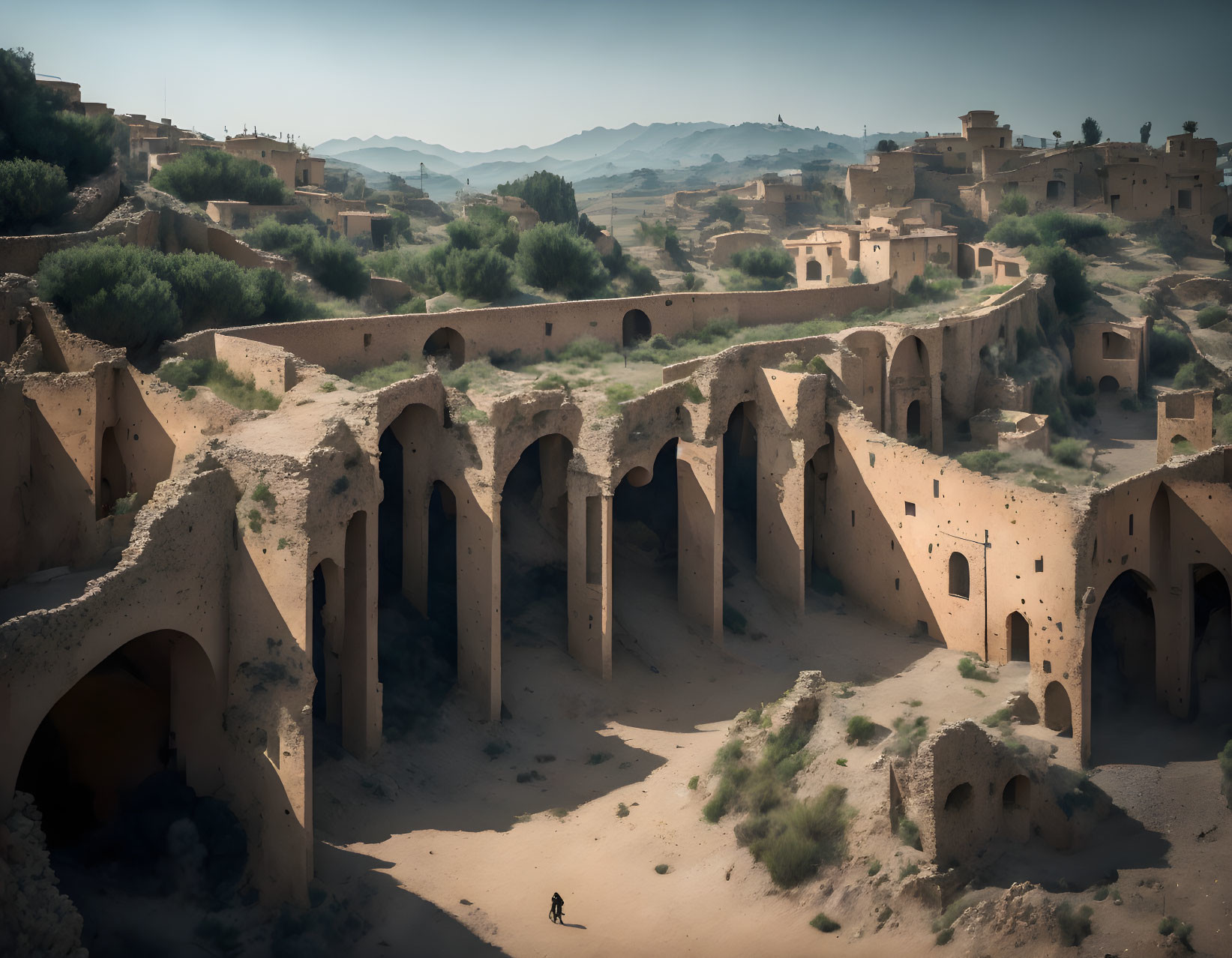 Person exploring ancient fort ruins in deserted landscape