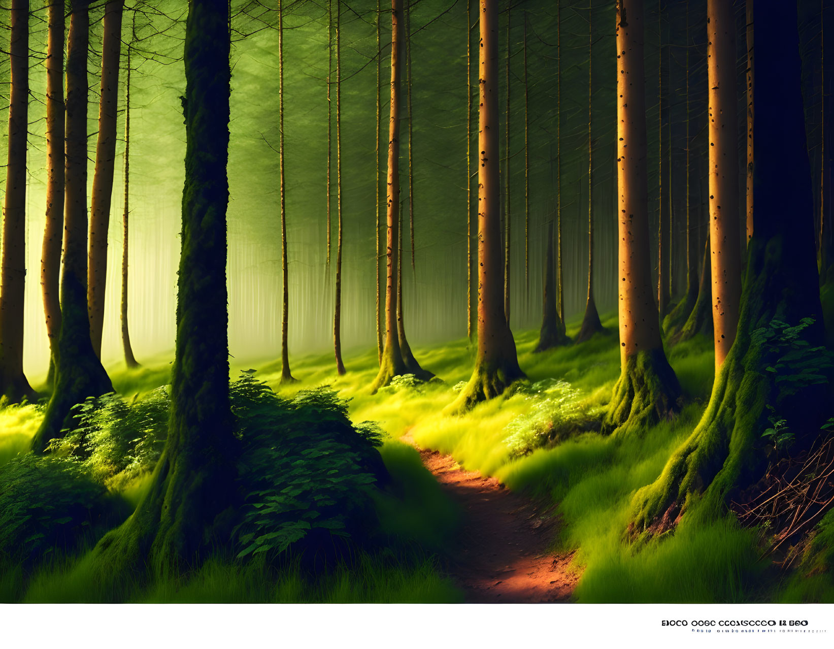 Tranquil Forest Path with Tall Trees and Sunlight Glow