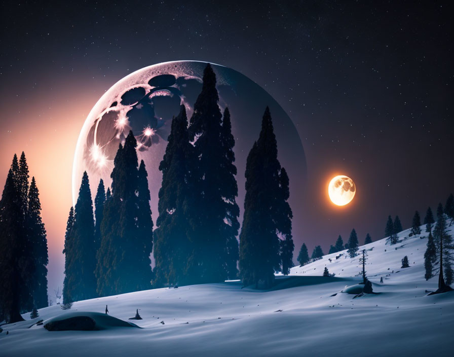 Winter Night Landscape: Surreal Moon, Twinkling Stars, Snowy Trees