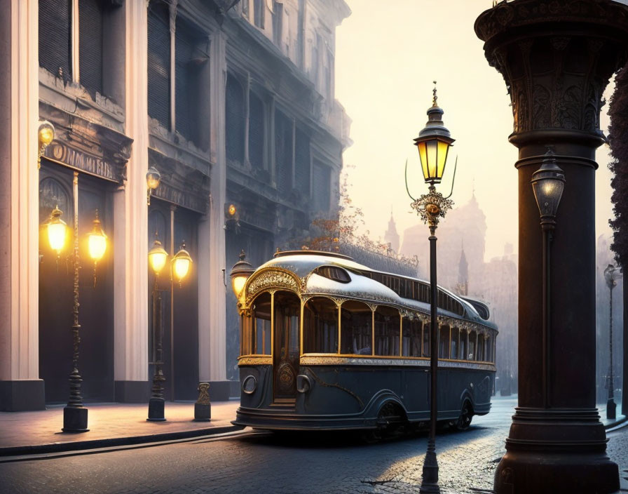 Vintage Tram in Misty City Street at Dawn with Glowing Lamps